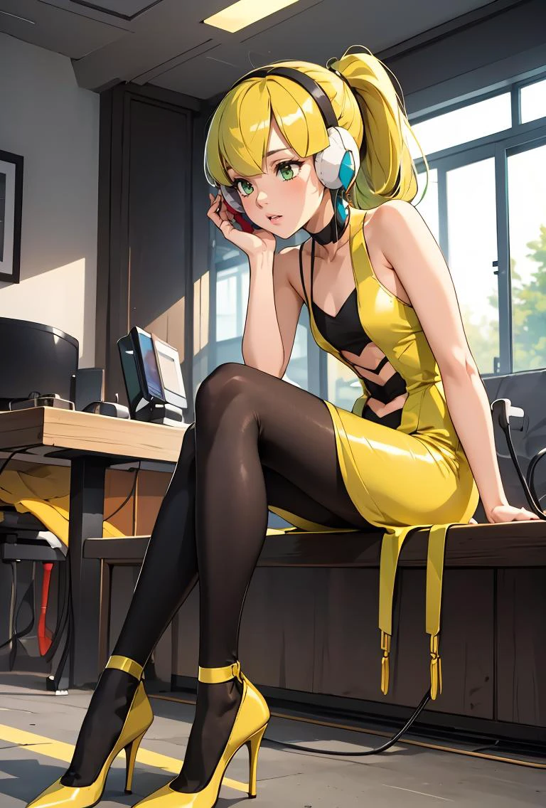 (masterpiece, best quality), 1girl, Mint Green Sleek High Ponytail, flat chest, <lora:elesa_oufit_bw:0.8> elesa_outfit_bw, yellow dress, black pantyhose, high heels, yellow high heels, headphones, cables