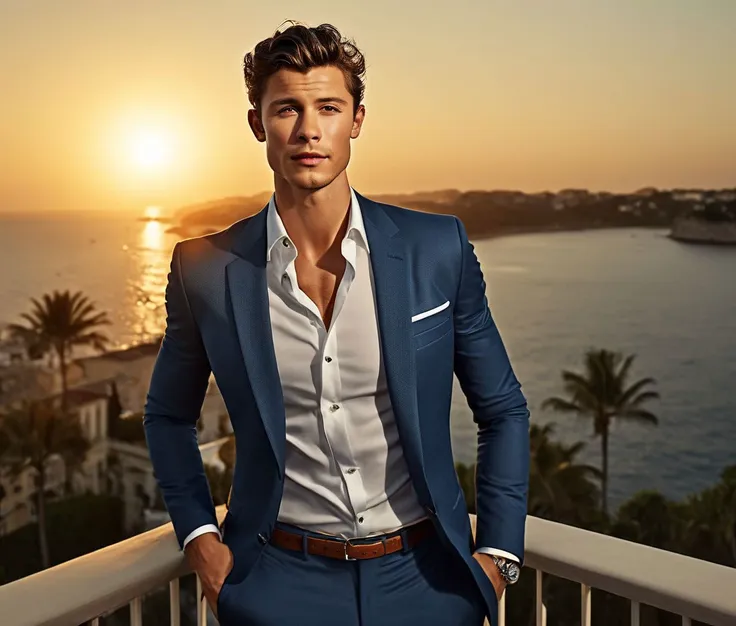 Nautical-themed (Photo:1.3) of (Ultrarealistic:1.3) <lora:Man_Men_FFashion:1> Ben Barnes a man <lora:Shawn-Mendes_Ben-Barnes:1> in a blue suit standing on a balcony, handsome man, attractive man, handsome male, sun behind him, inspired by Pablo Munoz Gomez, shot at golden hour, editorial photograph, midshot of a hunky, by Roman Bezpalkiv, by Artur Tarnowski, maxim sukharev, by Gabor Szikszai,Highly Detailed,(Mono Color:1.3) . Sea, ocean, ships, maritime, beach, marine life, highly detailed