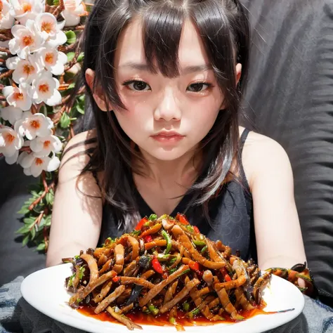 a chinese girl wearing black, looking at viewer, sitting next to table, <lora:yuxiangrousi:1>, masterpiece, eos, studio light, Yuxiang shredded pork on the table, a plate of food with meat and vegetables,