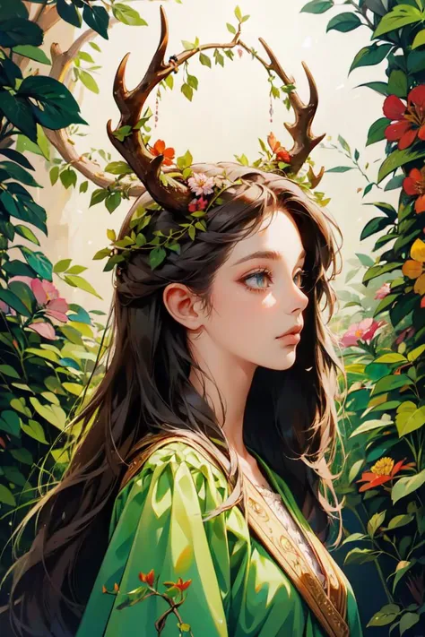 masterpiece, female , <lora:blooming_antlers:0.7> blooming antlers,flowers,leaves,ivy,vines <lora:SlitPupils:1> IncrsSlitPupil, slit pupils,