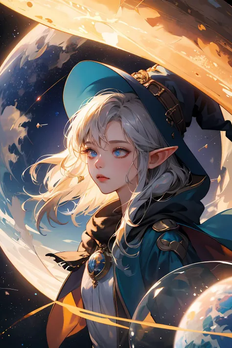 absurdres, highres, ultra detailed, 1girl, solo, extremely detailed eyes, elf, witch hat, floating in space, energy sphere, light particles, shiny hair, shining stars, fantasy