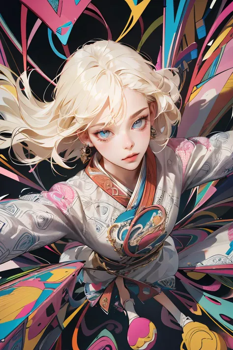 absurdres, highres, ultra detailed, 1girl, solo, extremely detailed eyes, Ultra-precise depiction, Ultra-detailed depiction, (zentangle:1.2), (dynamic pose), (abstract background:1.5), (treditional dress:1.2), short platinum blonde, (shiny skin), many colors, upper body, (from directly above)