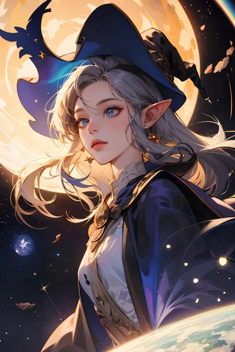absurdres, highres, ultra detailed, 1girl, solo, extremely detailed eyes, elf, witch hat, floating in space, energy sphere, light particles, shiny hair, shining stars, fantasy