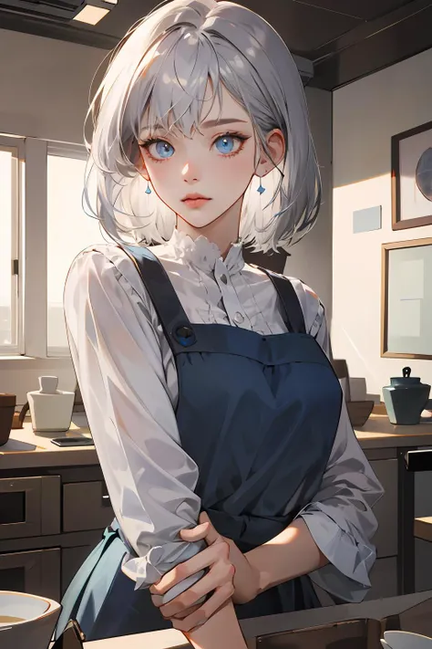 absurdres, highres, ultra detailed, 1girl, solo, extremely detailed eyes, silver hair, medium hair, light blue eyes, , Pottery_class,, arm grab