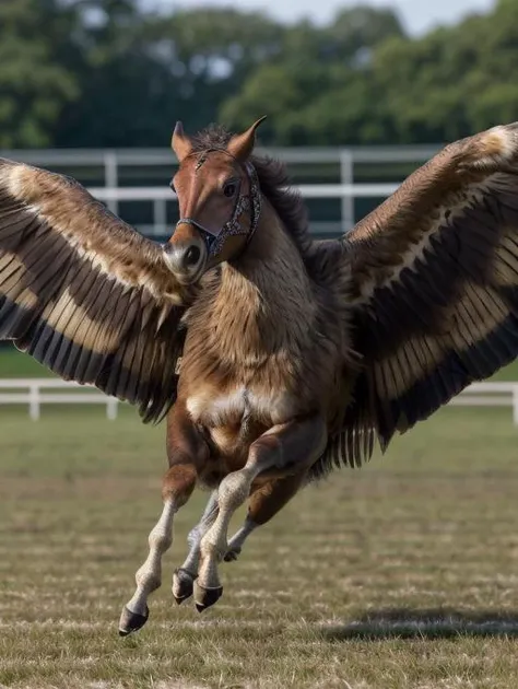 HD digital photograph of a fearsome horsebird sprinting wings raised, raising dusts with its four hooves, beaks open screaming at a crying child, RAW, realistic, high resolution, high quality, intricate detail, detailed face and hands, DSLR, bokeh, epicrealism_embeddings, OverallDetail