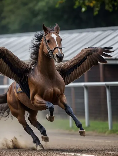 HD digital photograph of a fearsome horsebird sprinting wings raised, raising dusts with its four hooves, beaks open screaming at a crying child, RAW, realistic, high resolution, high quality, intricate detail, detailed face and hands, DSLR, bokeh, epicrealism_embeddings, OverallDetail