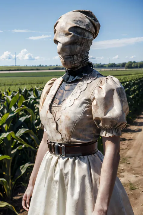 sally, mask, head wrap, white dress,long puffy sleeves, red belt, looking at viewer, standing, outside, field, corn, blue sky, high quality, masterpiece, <lora:TheNurseSally:.8>