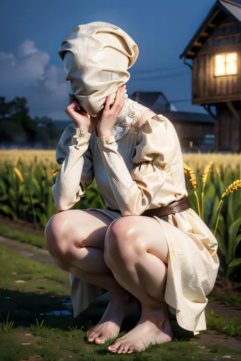 sally, mask, head wrap, pale skin, white dress,long puffy sleeves, barefoot, looking at viewer, squatting, hand under chin, outside, field, corn, house, night, fog, high quality, masterpiece, <lora:TheNurseSally:.8>