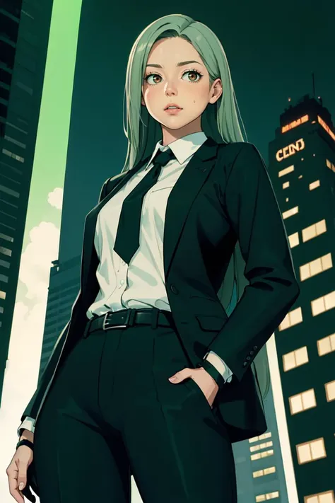 (masterpiece, best quality),(((from below, depth of field, dutch angle, green lighting))), floating hair, 1girl, solo, formal, hand in pocket, suit, black gloves, building, looking at viewer, black necktie, fingerless gloves, white shirt, city, outdoors, black jacket, belt, black pants, collared shirt, brown eyes, standing, long sleeves, grey hair, cityscape, open jacket, cowboy shot, skyscraper, black suit, night, pant suit, very long hair