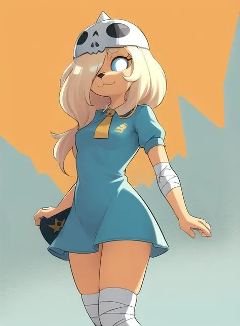 best quality, (masterpiece),(ultra-detailed), (high quality), (high resolution), <lora:bronwyn:0.7>,bronwyn, 1girl, solo, long hair, dress, short sleeves, hair over one eye, blue dress, fangs,bandages, short dress, furry, clenched hands, bandaged arm, furry female, collared dress, aqua dress, yellow skin,blonde hair, helmet, closed mouth,