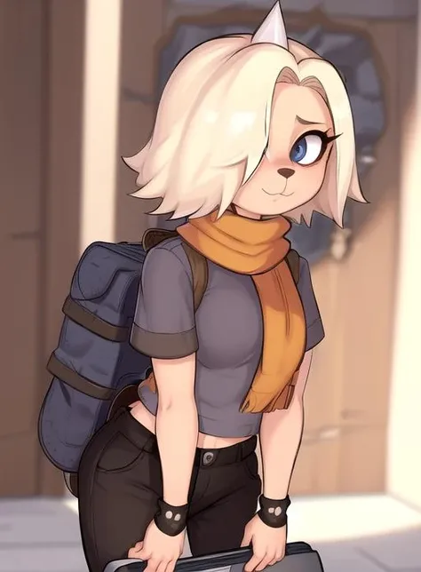 best quality, (masterpiece),(ultra-detailed), (high quality), (high resolution), <lora:bronwyn:0.7>,bronwyn, hair over one eye, blonde hair, furry female, short hair, shirt, short sleeves, scarf, pants,single horn,