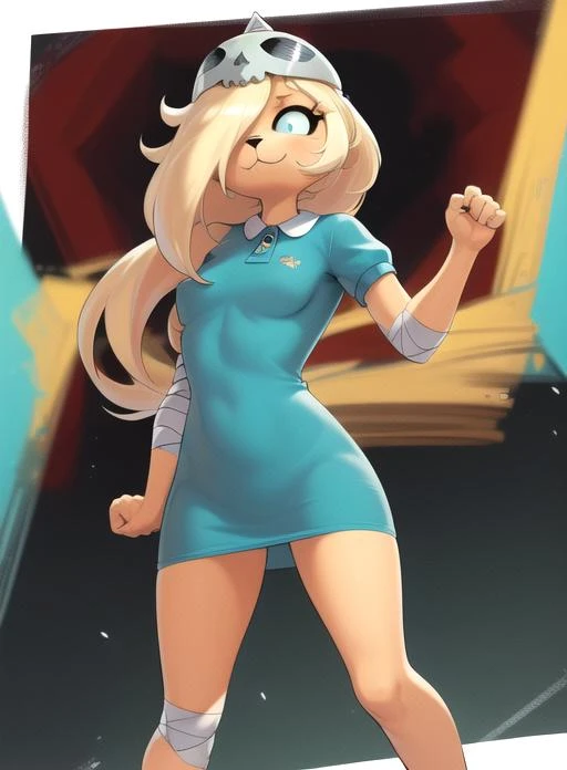 best quality, (masterpiece),(ultra-detailed), (high quality), (high resolution), <lora:bronwyn:0.7>,bronwyn, 1girl, solo, long hair, dress, short sleeves, hair over one eye, blue dress, fangs,bandages, short dress, furry, clenched hands, bandaged arm, furry female, collared dress, aqua dress, yellow skin,blonde hair, helmet, closed mouth,
