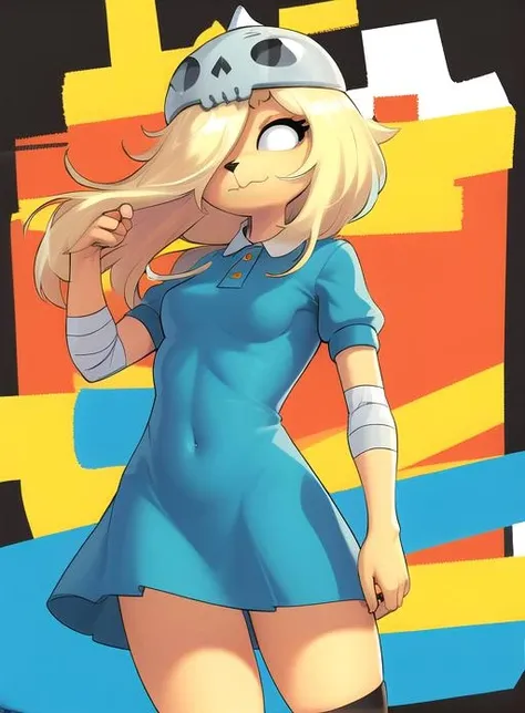 best quality, (masterpiece),(ultra-detailed), (high quality), (high resolution), <lora:bronwyn:0.7>,bronwyn, 1girl, solo, long hair, dress, short sleeves, hair over one eye, blue dress, fangs,bandages, short dress, furry, clenched hands, bandaged arm, furry female, collared dress, aqua dress, yellow skin,blonde hair, helmet, closed mouth,