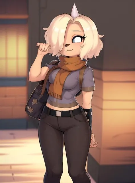 best quality, (masterpiece),(ultra-detailed), (high quality), (high resolution), <lora:bronwyn:0.7>,bronwyn, hair over one eye, blonde hair, furry female, short hair, shirt, short sleeves, scarf, pants,single horn,