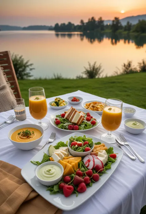 (medium full shot) of (fresh delicious meal) served in a Room Service setting style, featuring a caramel mild curry, fresh green salad, panna cotta, fruity cocktail, served with a dash of grated cheese, set in  a lakeside picnic, featuring a view of the water, soft blanket, gourmet spread, peaceful ambiance, during a cozy evening, Masterpiece,best quality, photo, realistic, very aesthetic