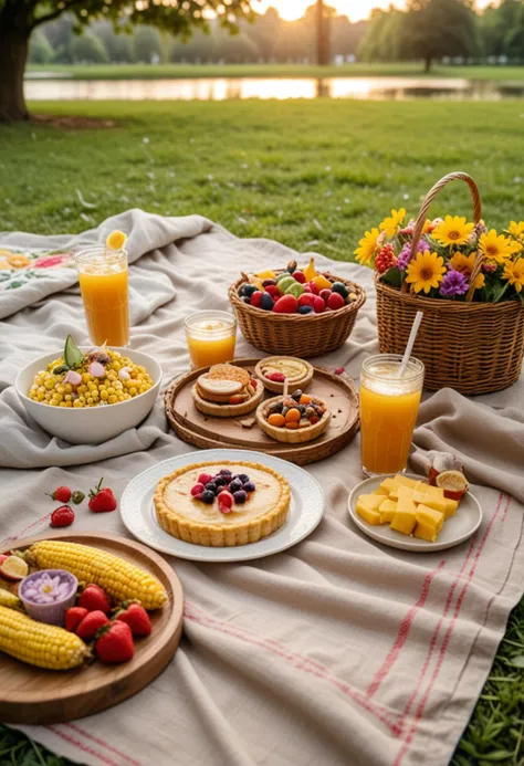 (medium full shot) of (fresh delicious meal) served in a Picnic setting style, featuring a rustic brown spicy curry, buttery corn on the cob, fruit tart, iced tea, garnished with edible flowers, set in  a serene park, with lush greenery, comfortable picnic blanket, wicker basket, sunny weather, with a view of the sunset, Masterpiece,best quality, photo, realistic, very aesthetic