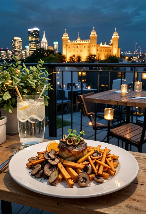 (medium full shot) of (hearty delicious meal) served in a Fine Dining setting style, featuring a golden brown sautéed mushrooms, sweet potato fries, vanilla cake, sparkling water, with a crispy breadstick, set in  an outdoor terrace, with fairy lights, chic seating, a view of the city skyline, a trendy ambiance, during a cozy evening, ,Masterpiece,best quality, photo, realistic, very aesthetic,