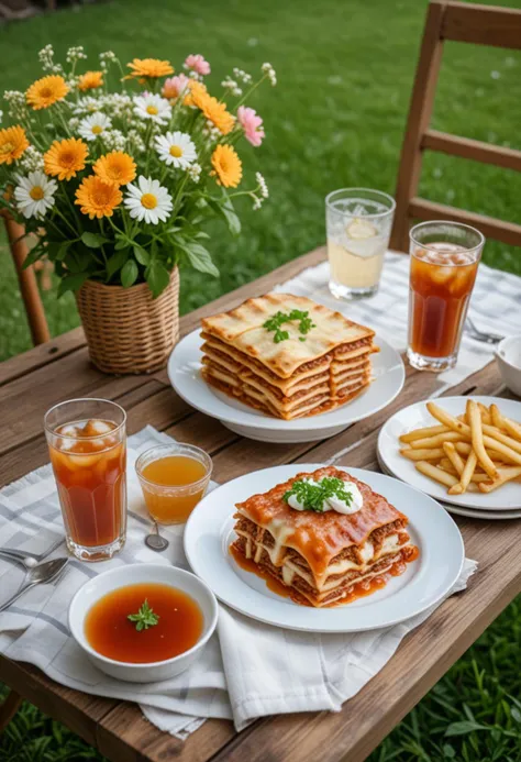 (medium full shot) of (hearty delicious meal) served in a Chef's Table setting style, featuring a caramel vegetarian lasagna, crispy french fries,  iced tea, served with a side of tangy sauce, set in  a garden picnic, with blooming flowers, cozy seating, rustic basket, tranquil setting, during a cozy evening, Masterpiece,best quality, photo, realistic, very aesthetic