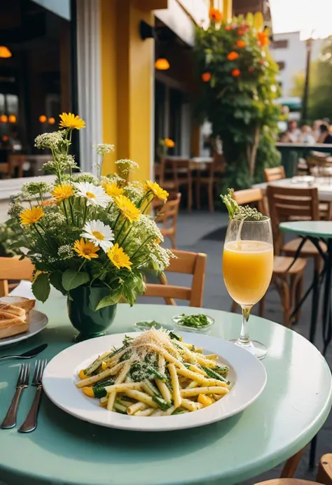 (medium full shot) of (creamy delicious meal) served in a Bistro setting style, featuring a sunny yellow pasta primavera, zucchini fries,  refreshing mocktail, served with a dash of grated cheese, set in  an outdoor cafe, with garden seating, fresh flowers, sunny ambiance, comfortable chairs, during a cozy evening, ,Masterpiece,best quality, photo, realistic, very aesthetic