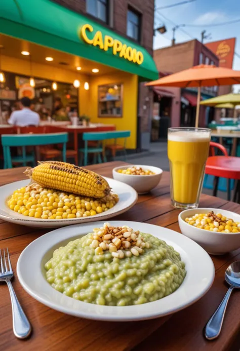 (medium full shot) of (delightful delicious meal) served in a Street Food setting style, featuring a bright green creamy risotto, buttery corn on the cob,  cappuccino, drizzled with honey, set in  a vibrant diner, with colorful decor, lively music, retro furnishings, a fun vibe, Masterpiece,best quality, photo, realistic, very aesthetic