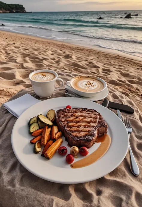 (medium full shot) of (sweet delicious meal) served in a Al Fresco setting style, featuring a caramel juicy steak, roasted vegetables,  latte, accompanied by a slice of lemon, set in  a secluded beach, featuring soft sand, gentle waves, peaceful surroundings, intimate vibe, during a cozy evening, ,Masterpiece,best quality, photo, realistic, very aesthetic