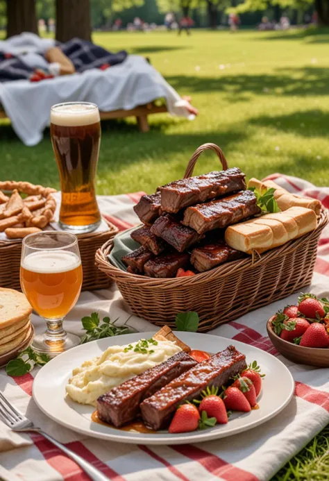 (medium full shot) of (zesty delicious meal) served in a Takeout setting style, featuring a caramel barbecued ribs, garlic mashed potatoes, strawberry cake, craft beer, with a crispy breadstick, set in  a serene park, with lush greenery, comfortable picnic blanket, wicker basket, sunny weather, Masterpiece,best quality, photo, realistic, very aesthetic