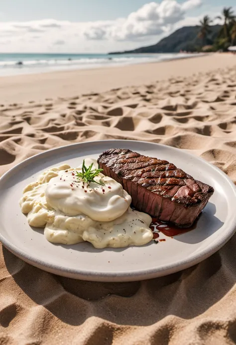 (medium full shot) of (creamy delicious meal) served in a Self-Service setting style, featuring a fresh pink juicy steak, garlic mashed potatoes, rich brownie, craft beer, topped with a dollop of cream, set in  a secluded beach, featuring soft sand, gentle waves, peaceful surroundings, intimate vibe, ,Masterpiece,best quality, photo, realistic, very aesthetic