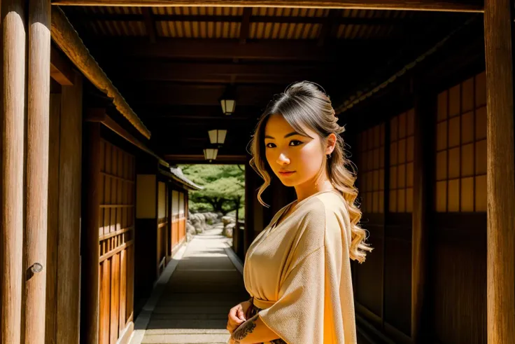 ((best quality)), ((masterpiece)), ((inked)),Award-winning photography: Portrait of a beautiful woman, bathed in soft golden light, as she explores the historic temples of Kyoto, Japan. <lora:Elixir:1>