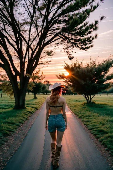 hotporn, masterpiece, highest quality, colorful cinematic lighting, portrait photograph of female peach farmer with overflowing [orange|yellow] hair,topless , daisy dukes, ornate leather cowboy boots, (wearing cowboy hat), (perfect face:1.1), standing under a peach tree in rolling pasture, sunset in the background, dappled light, romantic, HDR, highly detailed, hasselblad, 8k, hyper realistic, eye level shot, f1.4 aperture, 8mm film grain, cinestill 800 , art by rutkowski and mucha, , <lora:epiNoiseoffset_v2:0.6> <lora:hipoly3DModelLora_v10:0.5>