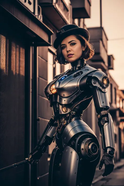 ((best quality)), ((masterpiece)), ((inked)), (dynamic sexy pose), 1girl, majestic intricately detailed soft   by jim lee, professional body shot,sexy android,( clockwork robotics:1.5), cogs and wires, intricate details, (cyborg:1.4), android wearing a fedora, dynamic angle, professional, (steampunk city alley background:1.2), steam venting from pipes , dingy, film grain, soft edge lighting, photographed on a Canon EOS R5, 50mm lens, F/2.8, HDR, professional, backlit, high contrast, (deep shadows:1.5), warm vibrant colors, (noir style cinematic Film still:1.2), amber color palette<lora:Elixir:1>