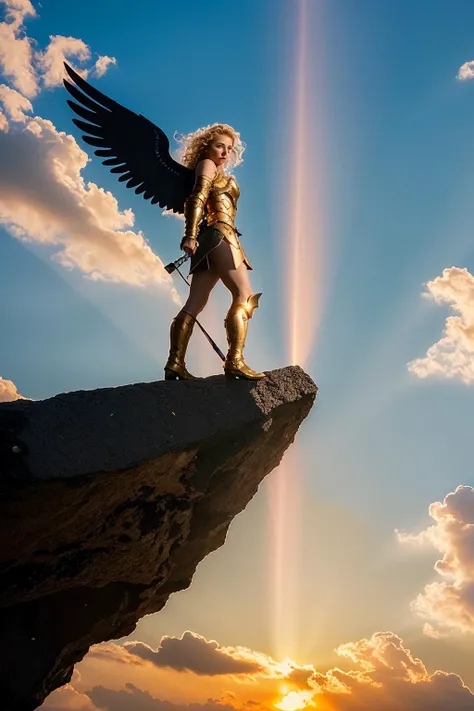 ((best quality)), ((masterpiece)), ((inked)), (sunset:1.2), (dynamic flying action pose:1.3), 1girl, majestic intricately detailed soft oil painting by jim lee, body portrait, low angle, a beautiful blonde blue eyed female archangel, (long blonde curls:1.2), (halo:1.2), Soft facial features, (Cara Delevigne:0.8)|(jennifer connoly:1.1), (white feathered wings:1.2), (white enamel armor with detailed golden inlay scroll work), ((sheer white silk)), (glowing gold halo:1.3), in the sky, (heavenly gold lined clouds background:1.3), professional full body shot, dramatic cinematic lighting, soft edge lighting, (bloom:1.2), photographed on a Canon EOS R5, 50mm lens, F/2.8, HDR, professional, dramatic cinematic lighting, (god rays:1.3), (backlit:1.2), hard edge lighting, warm vibrant colors, (swirling flower petals:1.3), cinematic Film still from wrath of the titans|the lord of the rings|(dogma:0.8)|(krull:0.1|the void <lora:Elixir:1>
