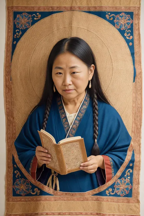 (masterpiece), (excellent quality:1.4), ultra-resolution, [:detailed embroidery:0.2], hyperrealistic, traditional tapestry1 woman, elder (nomadic:0.7) sage, weathered skin, deep brown eyes, silver tied-back hair, solo, (seated full body:0.6), reading an ancient scroll, detailed background, expressive face, (Mongolian steppe theme:1.1) (ancient scroll:1.05), personified celestial map, folklore, wisdom, heritage, ancestral, celestial symbolism, parchments, glow, aged patina, symmetry, yurts, warm-side lighting, endless grassland background, otherworldly ancestral atmosphere <lora:Elixir:1>