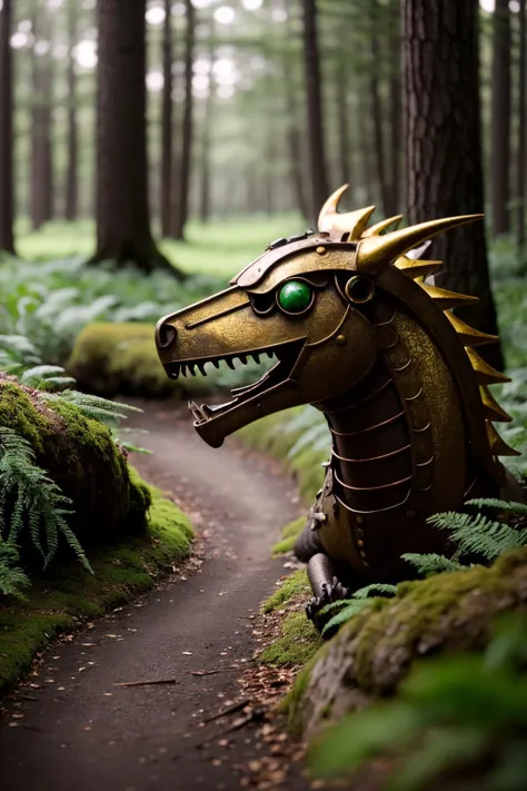 up close image of an ancient clockwork dragon, brass and steel, nestled within an overgrown forest, vibrant green foliage, rusted gears, moss-covered, ((masterpiece)), ((best quality)), intricate mechanical detailing, (steampunk:1.2), (nature reclaiming:1.3), (fantasy:1.1), ethereal morning light, luminous, Cinematic, Filmic, wide shot, 4k, Back-light, Cinematic Lighting, volumetric Light, Ray Tracing Reflections, Chromatic Aberration, hyper-realistic, 4k, 8k,<lora:Elixir:1>