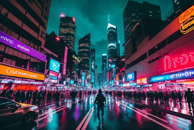 ((Best quality masterpiece)): ((Inked)) depiction of a cybernetically enhanced mercenary navigating a futuristic megacity, with neon-lit streets, soaring skyscrapers, and bustling crowds of augmented individuals. <lora:Elixir:1>
