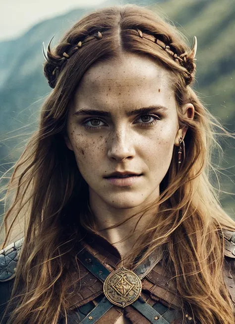 A stunning intricate full color portrait of (sks woman:1) as (viking warrior), (barbarian),  epic character composition, by ilya kuvshinov, alessio albi, nina masic, sharp focus, natural lighting, subsurface scattering, f2, 35mm, film grain, <lora:locon_emmawatson_v1_from_v1_64_32:1.25>