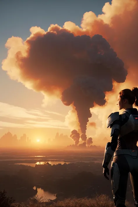 ((best quality)), ((masterpiece)), ((inked)), (1girl:1.2), majestic intricately detailed soft oil painting by jim lee, body wide angle shot, futuristic cyborg warrior in a ruined city, warzone, explosions, billowing smoke,towering destroyed buildings, robots, alien spacecraft, (backlit:1.3), highres, depth of field, (deep shadows:1.2), high detail, sharp focus, smooth, roughness, real life, backlit, photorealism, photography, cinematic Film still from (edge of tomorrow:0.8):0.8)|independence day|mass effect <lora:Elixir:1>