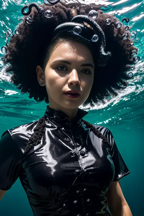 a photo of a sea witch, green short hair, evil, villain, she's coming for you, up close, dark ocean,( under water:1.1), lightning, glowing eyes, wearing a dress made out Seaweed, tentacles, octopus, (up close:1.3) <lora:Elixir:1>