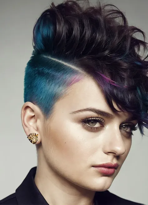 portrait of sks woman by Flora Borsi, style by Flora Borsi, bold, bright colours, rainbow Mohawk haircut, ((Flora Borsi)), <lora:locon_joeyking_v1_from_v1_64_32:1.25>