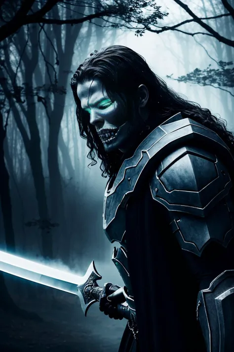 ((best quality)), ((masterpiece)), ((inked)), darkly moody professional photograph by jim lee, night time, ((skeletal)), emaciated, dark twisted haunted corrupted woods, a horrid spectral male lich, ((close up body shot)), evil detailed face, dangling chains, lich king, intricately detailed tattered see through robes of office, black feathered wings, tombstones littered amongst the gnarled leafless trees, jet black bastard sword wreathed in blue spectral flame, burning halo, dark swirling smoke like malevolent energies, ((low hanging volumetric mist))),cinematic Film still from (cannibal holocaust:0.5)|(Scary Stories To Tell In the Dark:0.2)|(doom:0.2)|the void<lora:Elixir:1>|the lord of the rings