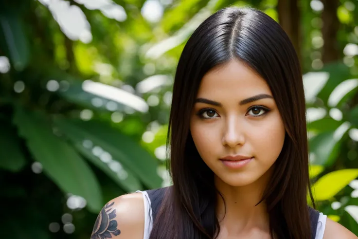 ((best quality)), ((masterpiece)), ((inked)),Award-winning photography: Portrait of a beautiful woman, with a mesmerizing gaze, amidst the lush greenery of the Amazon rainforest in Brazil. (Photorealistic, beautiful) <lora:Elixir:1>