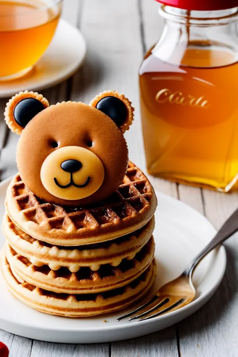 A sharp focus photo of an adorable Waffle Bear syrup, 8k, 4k, adorable, cute, children's illustration,<lora:Elixir:1>
