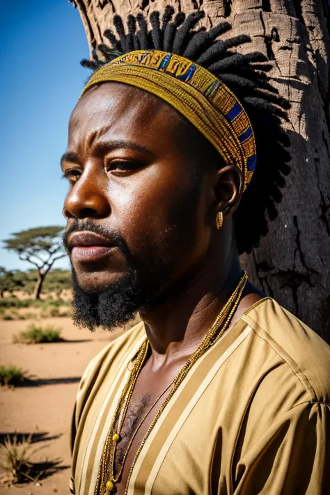 Up close Portrait, photograph, of a mature (king:0.7) with a commanding presence, wearing an elaborate headdress, penetrating amber eyes, closely cropped black hair, solo, sitting underneath a baobab tree,, intricate background, proud face, (African savannah theme:1.1), African art, 4k, 8k, absurdres, extreme quality, intricate skin details <lora:Elixir:1>