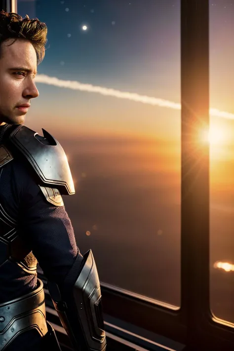 ((best quality)), ((masterpiece)), ((inked)), majestic intricately detailed soft by jim lee, 1man, a handsome starship captain, (Henry Cavill:0.7)|Hugh Jackman|Russell Crowe, well fitting futuristic space commander uniform, stubble, on the bridge of an advanced space faring war ship, high tech computers,, crew in the background, film grain, soft edge lighting, photographed on a Canon EOS R5, 50mm lens, F/2.8, HDR, professional, backlit, high contrast, (deep shadows:1.5), warm vibrant colors, lens flare, cinematic Film still from the expanse|(mass effect:0.6)|star trek<<lora:Elixir:1>