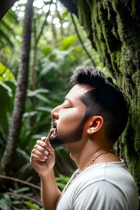 ((best quality)), ((masterpiece)), ((ultra realistic)),a male shaman performing a ritual in a rain-forest hut, 1man sitting in meditation, ((colorful magical energy flowing through the air)), rickety wooden building, wearing intricately detailed primitive tribal garb, bone jewelry, by a vast water fall in the dense jungle, ((wildlife everywhere)), god rays, diffuse lighting, masterpiece, realistic, roughness, ultra realistic, masterpiece, realistic, roughness, ultra realistic, photographed on a Canon EOS R5, 50mm lens, muted colors, F/2.8, HDR, 8k resolution, highres, high detail, sharp focus, smooth, roughness, real life, photorealism, photography, 8k uhd,<lora:Elixir:1>
