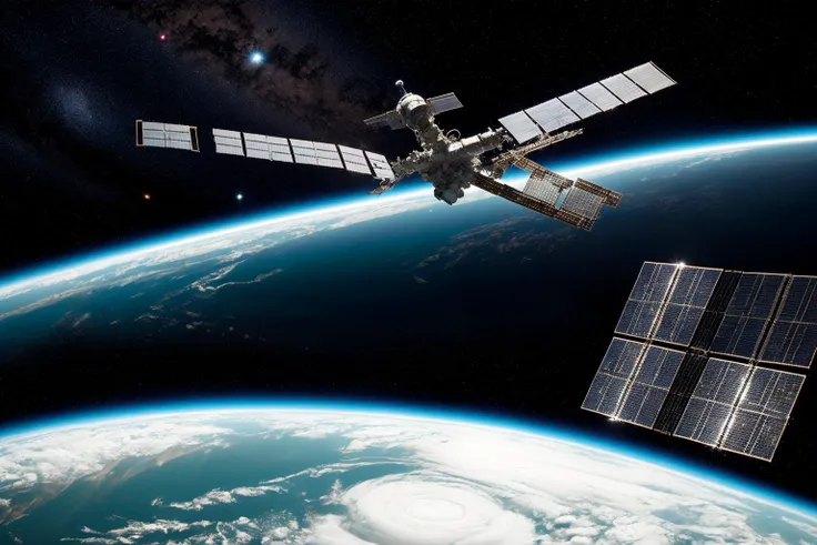 Best quality masterpiece: Inked scene of a space station orbiting a distant planet, with astronauts conducting research and breathtaking views of the alien landscape below <lora:Elixir:1>.