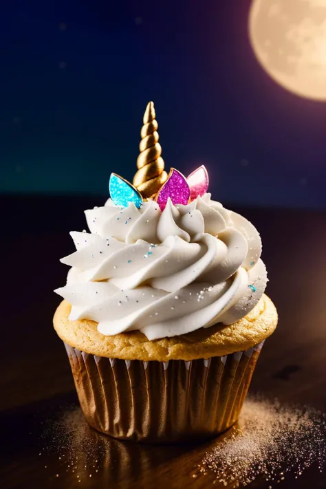 Mystical glowing unicorn cupcakes floating in nebula dust, from above, ambient moonlight, enchanted sparkle, ultra details, photorealistic, realistic, fairy dust lighting, Fantasy, Filmic, medium shot, 4k, Cinematic Lighting, volumetric Light, Ray Tracing Reflections, Chromatic Aberration, magical food photography, hyper realistic, 4k, 8k, (closeup:1.3)<lora:Elixir:1>