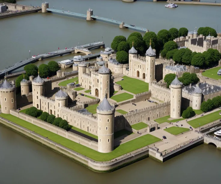 The Tower of London: Craft a detailed portrayal of the historic Tower of London, showcasing its imposing medieval architecture, iconic White Tower, and surrounding moat.