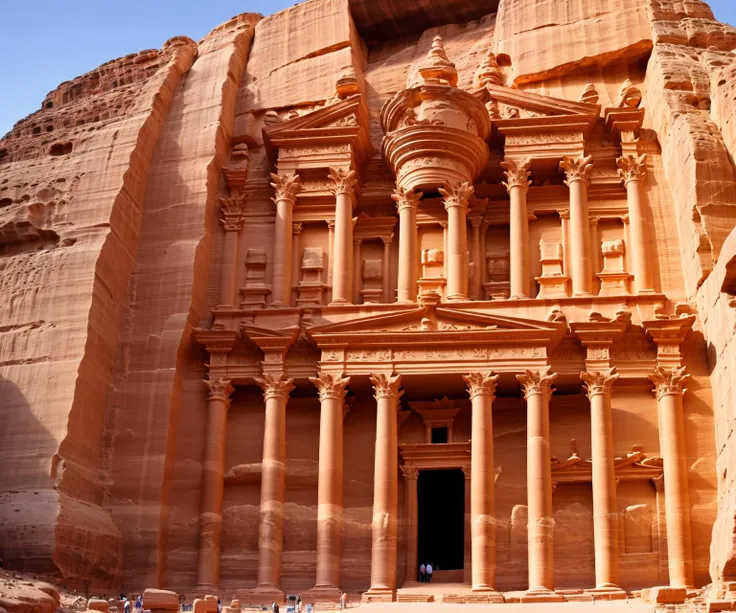 The Petra Treasury: Render the awe-inspiring Treasury building in the ancient city of Petra, Jordan, highlighting its intricate rock-cut facade and intricate carvings.