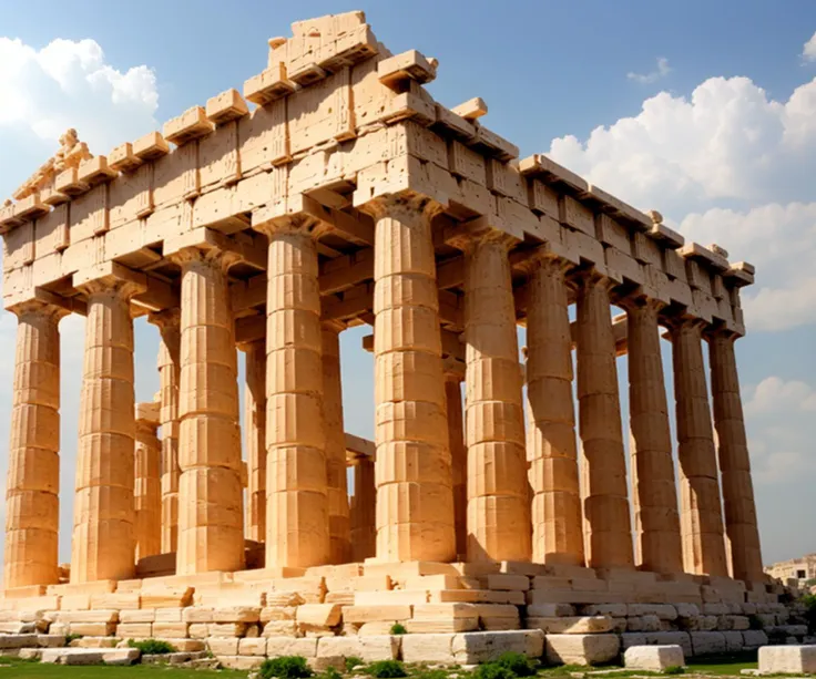 The Parthenon: Craft an intricate portrayal of the Parthenon, the ancient Greek temple atop the Acropolis in Athens, capturing its majestic columns and sculptural friezes.