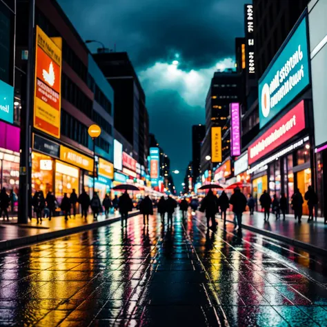 ((Best quality)), ((masterpiece)) - A captivating street scene at night, depicting the bustling energy of a vibrant city, with neon lights illuminating the streets and reflecting off rain-soaked pavement, creating a cinematic atmosphere.